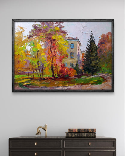 Framed impressionistic oil painting by Boris Serdyuk: autumn cityscape house