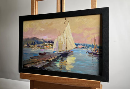 Framed oil painting Scarlet sunset on the ferry by Yuriy Suprunchuk