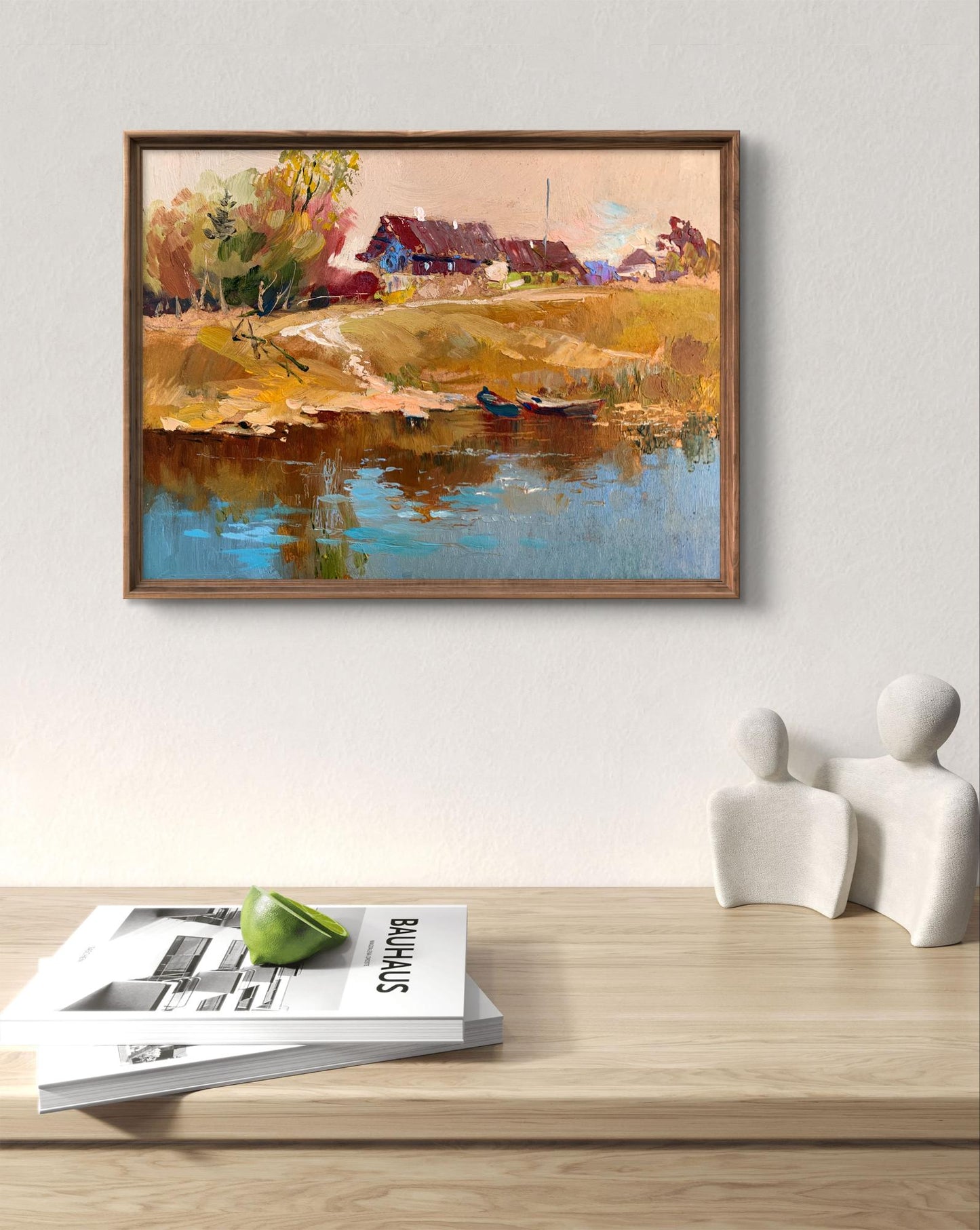 Framed impressionist oil painting of autumn village landscape by Yuriy Suprunchuk