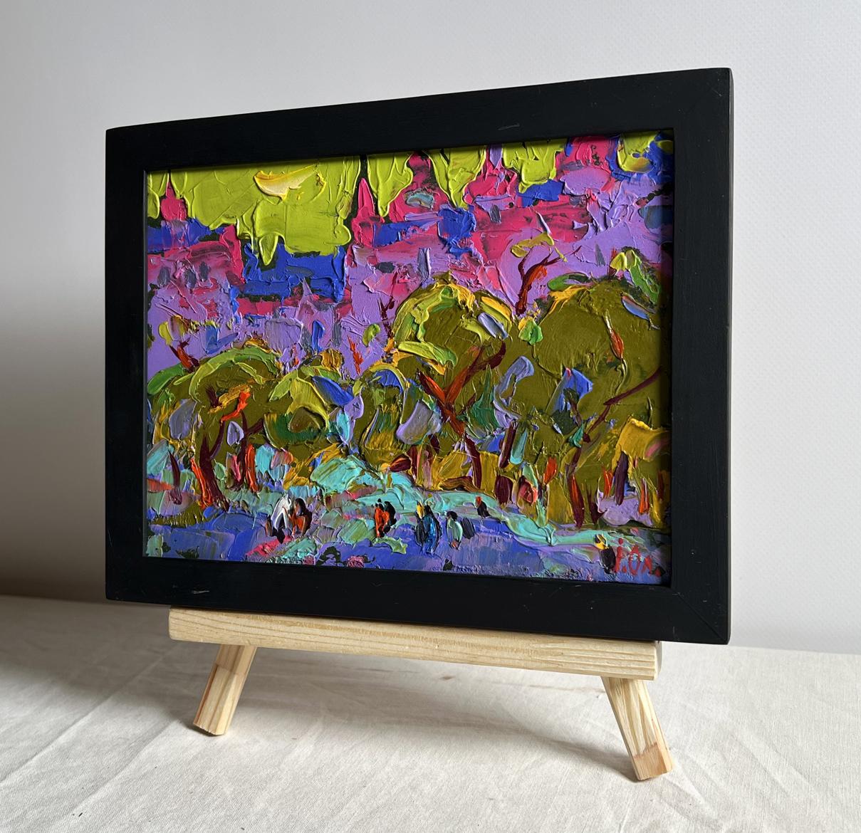Oil painting Twilight of city life by Oleksiy Ivanyuk in black frame