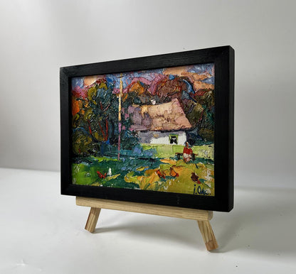 Oil painting Summer coolness by Oksana Ivanyuk: rustic cottage and chickens