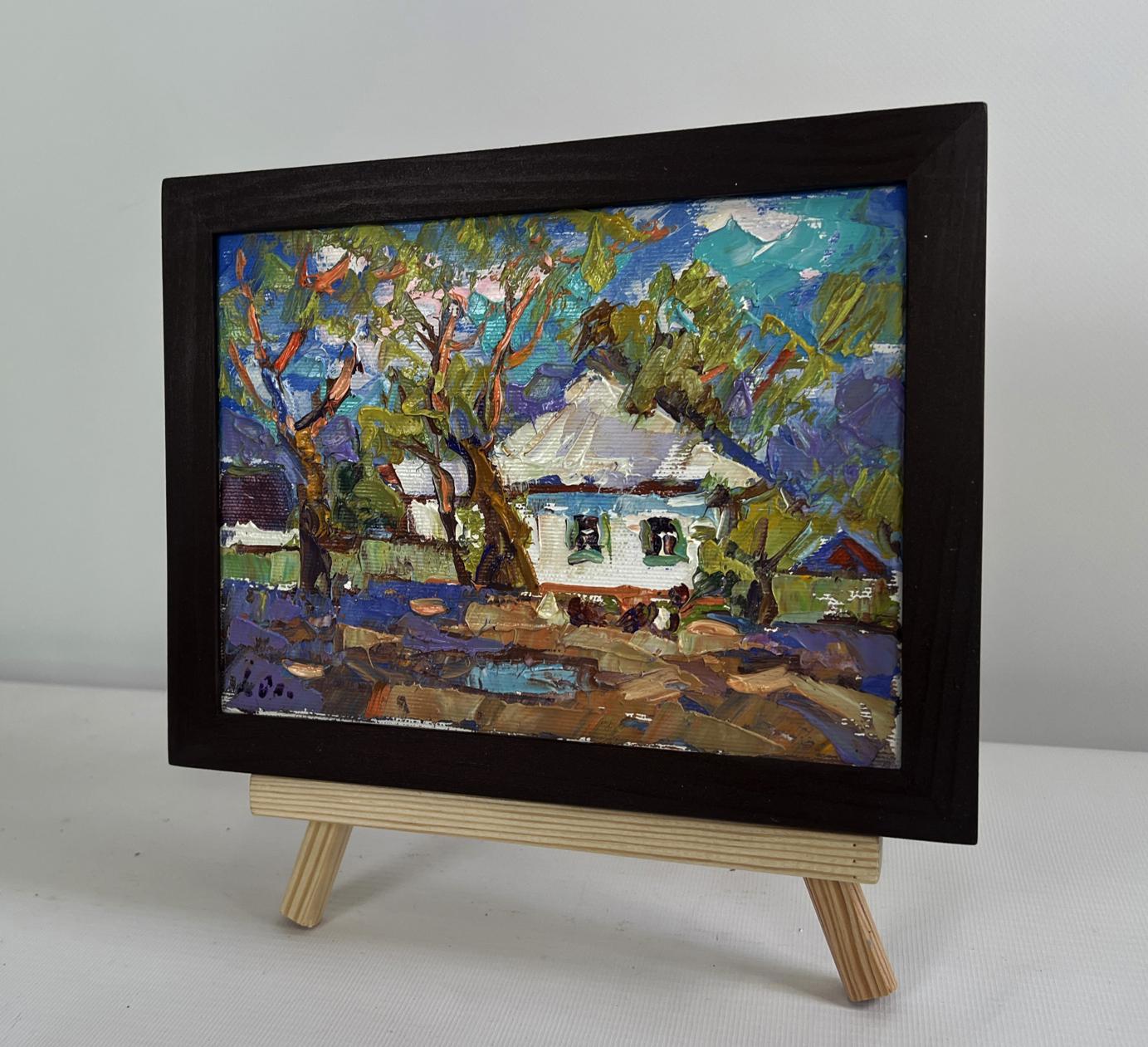 Oil painting Spring days in the village by Oleksiy Ivanyuk rustic house scene