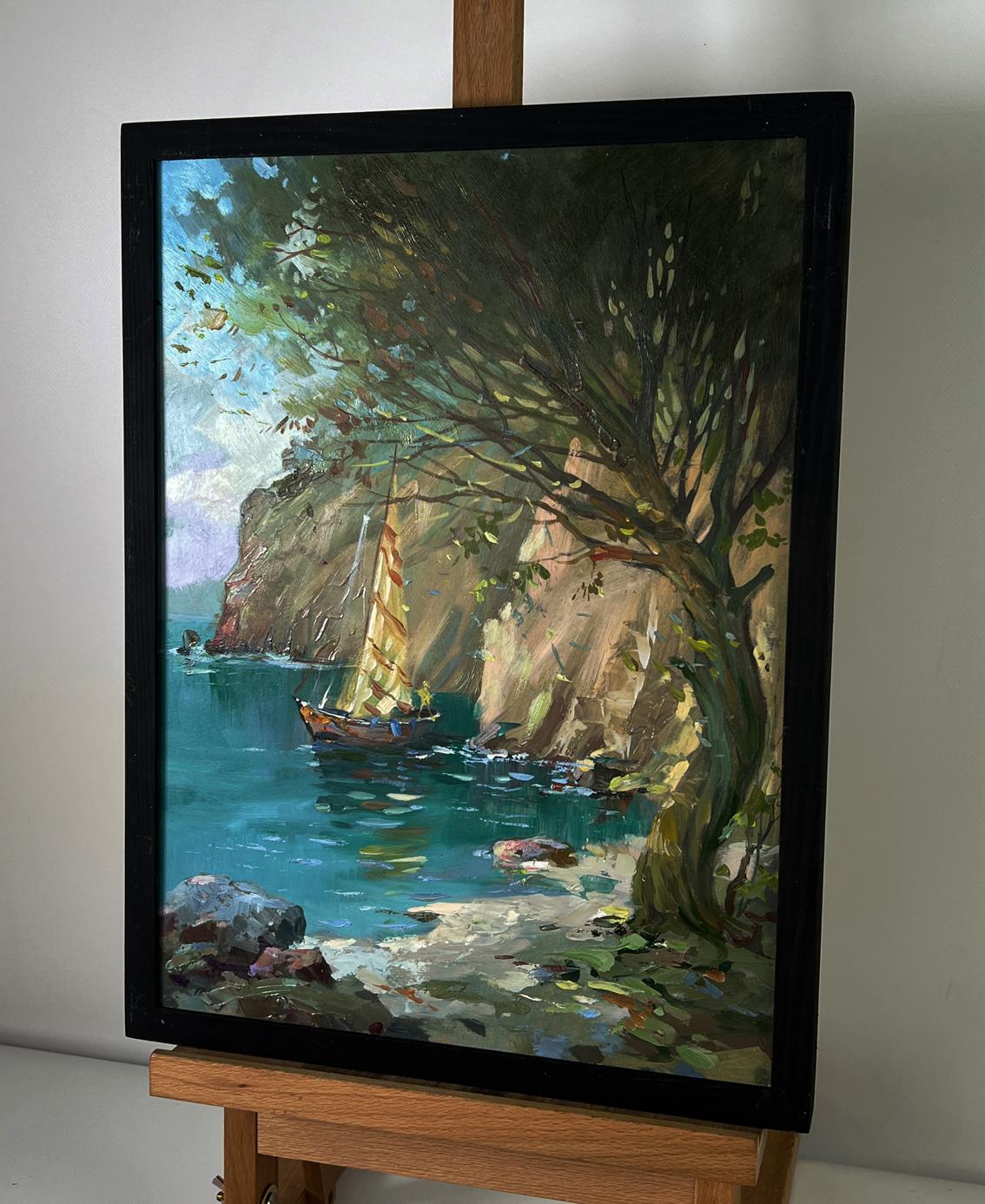 Oil painting of sailboat on turquoise water by rocky cliffs by Yuriy Suprunchuk