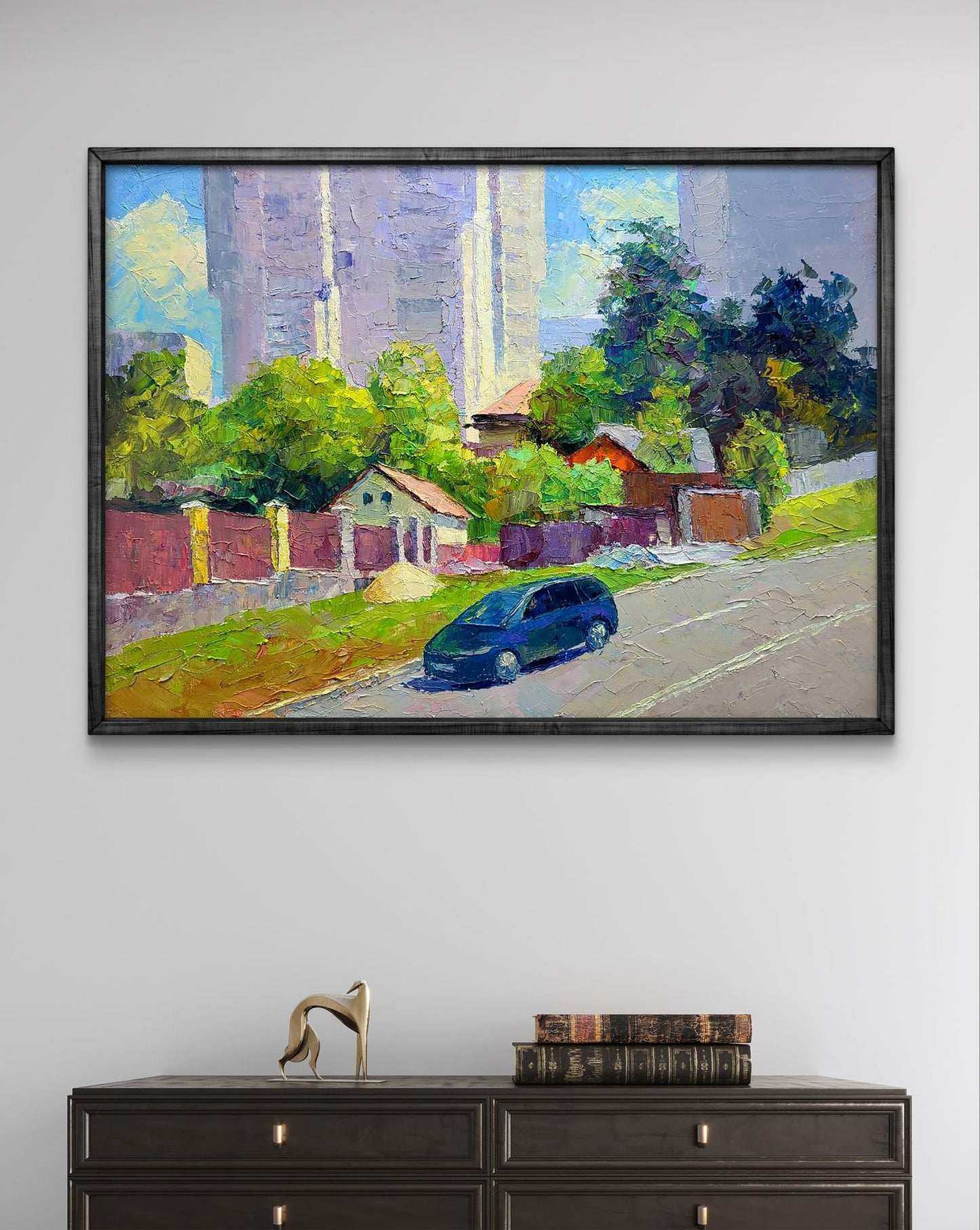 Oil painting Along the city street by Boris Serdyuk, blue car impasto