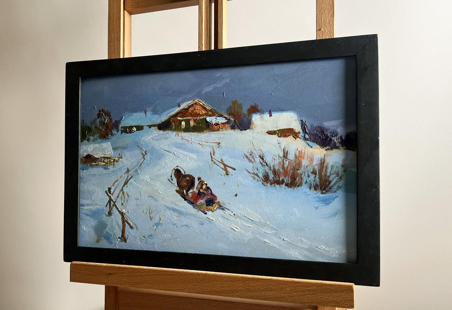 Cozy winter evening snowy village oil painting by Yuriy Suprunchuk