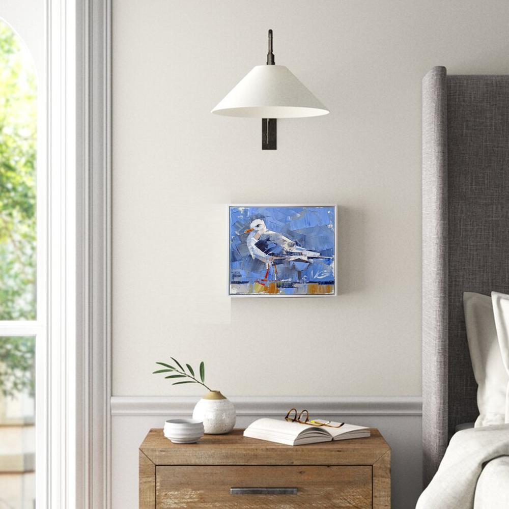 Framed oil painting Bird on a walk by Volodymyr Gluhomanyuk, blue white seagull