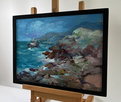 Oil painting of boat on rocky seashore by Yuriy Suprunchuk