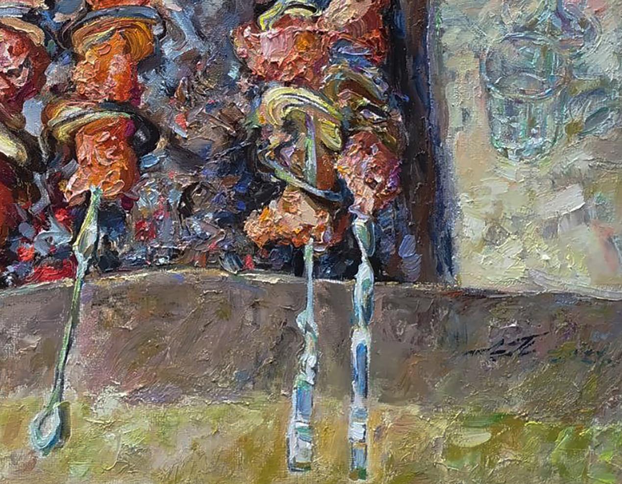 Vibrant oil painting of skewered meat by Leonid Pavlenko in pink glass