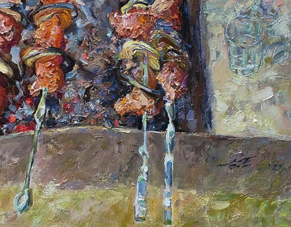 Vibrant oil painting of skewered meat by Leonid Pavlenko in pink glass