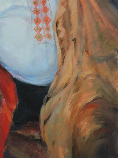 Light blue garment with orange green diamond embroidery, Cossack portrait style
