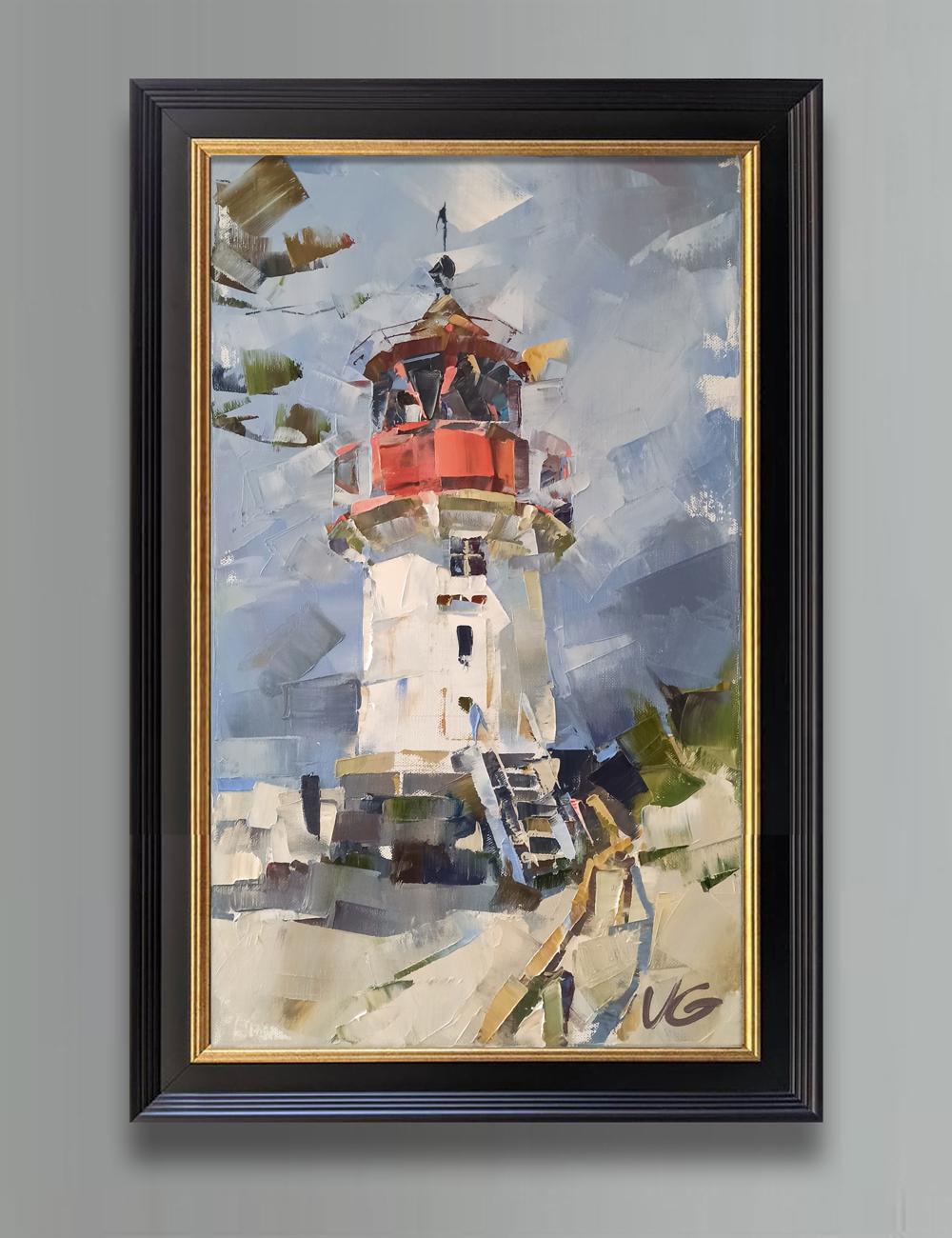 Oil painting of red white lighthouse by Volodymyr Gluhomanyuk Hellen Hiddensee