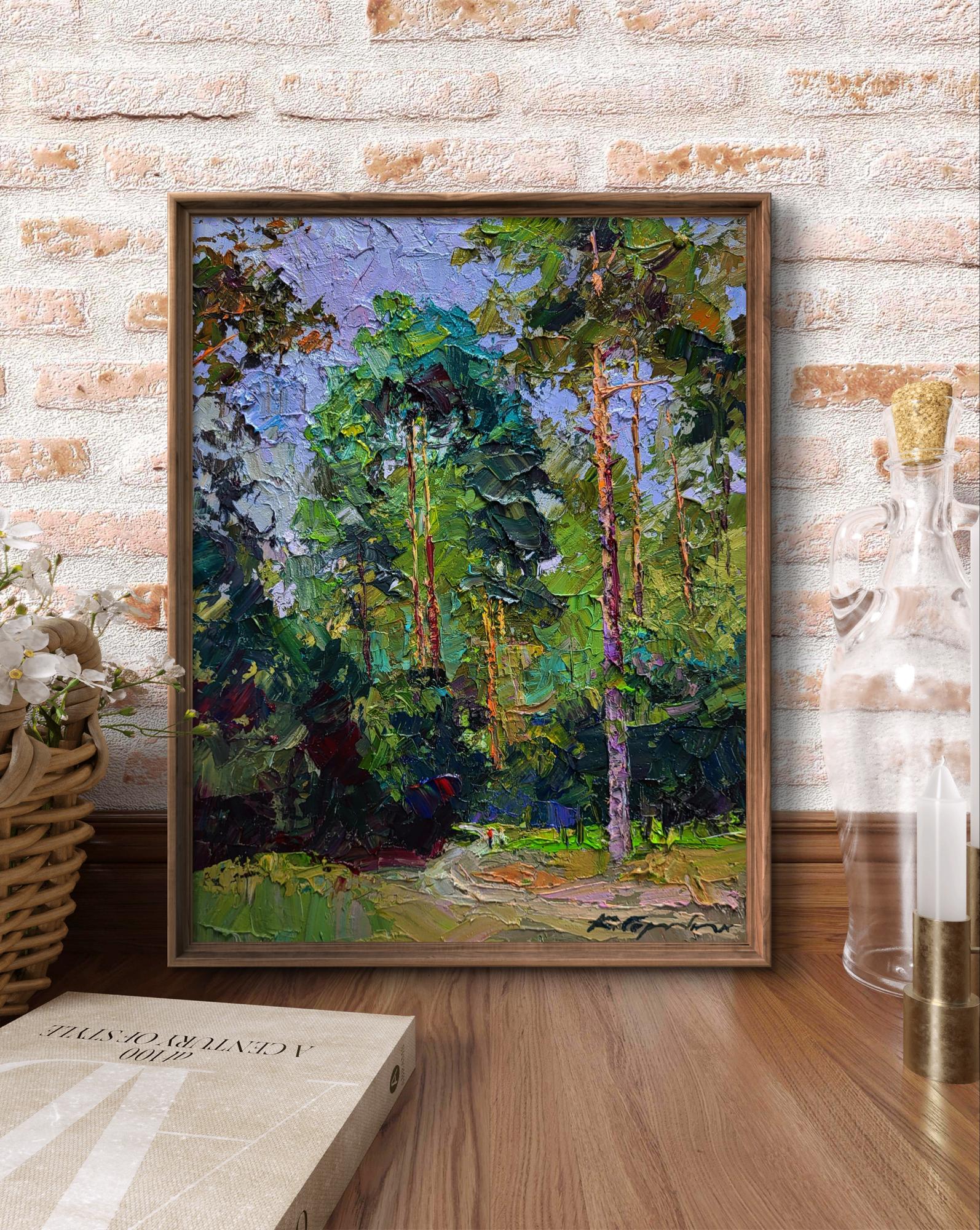 Oil painting Along the forest path by Boris Serdyuk, impressionistic forest scene