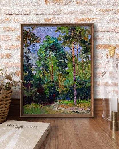 Oil painting Along the forest path by Boris Serdyuk, impressionistic forest scene