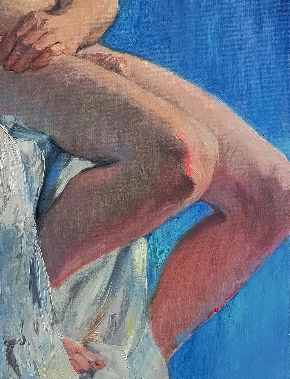 Oil painting of pensive man Oksana Osnach figure legs and hands on blue background