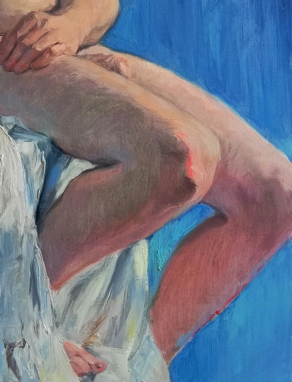 Oil painting of pensive man Oksana Osnach figure legs and hands on blue background