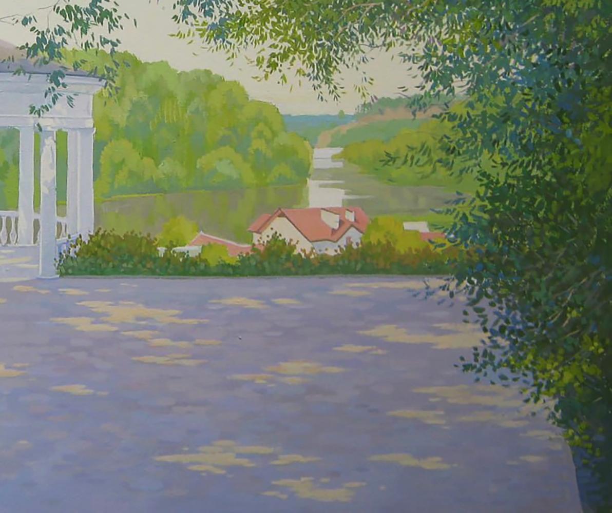 Serene watercolor park landscape with white gazebo by Valery Savenets