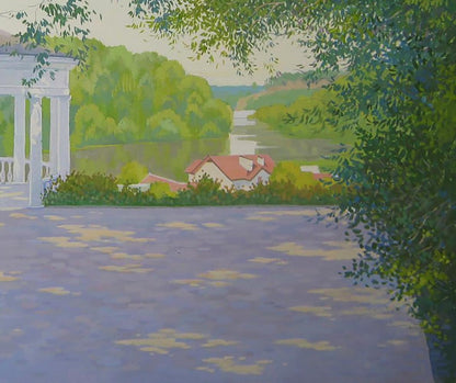 Serene watercolor park landscape with white gazebo by Valery Savenets