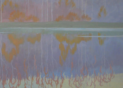 Oil painting Autumn reflections of nature by Valery Savenets, abstract orange purple blue streaks