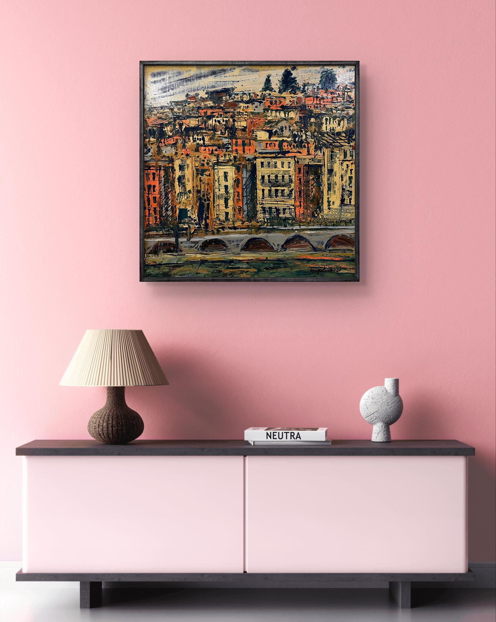 Framed abstract cityscape oil painting Approximation by Serhiy Kovalev