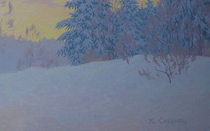 Snow-covered evergreens in twilight sky, Winter sleep in the forest oil painting by Valery Savenets
