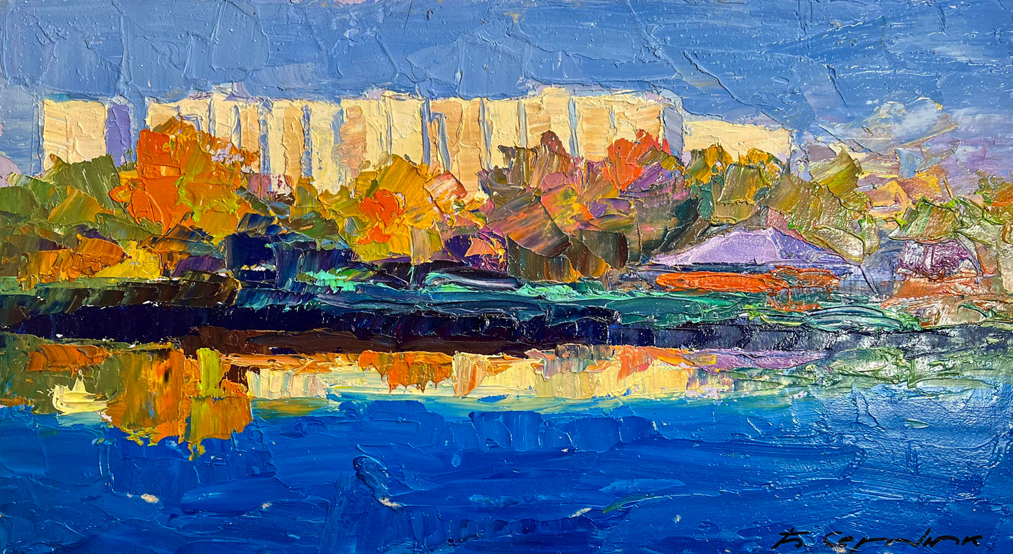 Vibrant impressionist cityscape in water by Boris Serdyuk fine art, wholesale $95 each