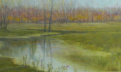 Oil painting Autumn motive by Vasily Korkishko: bare trees, pond reflection