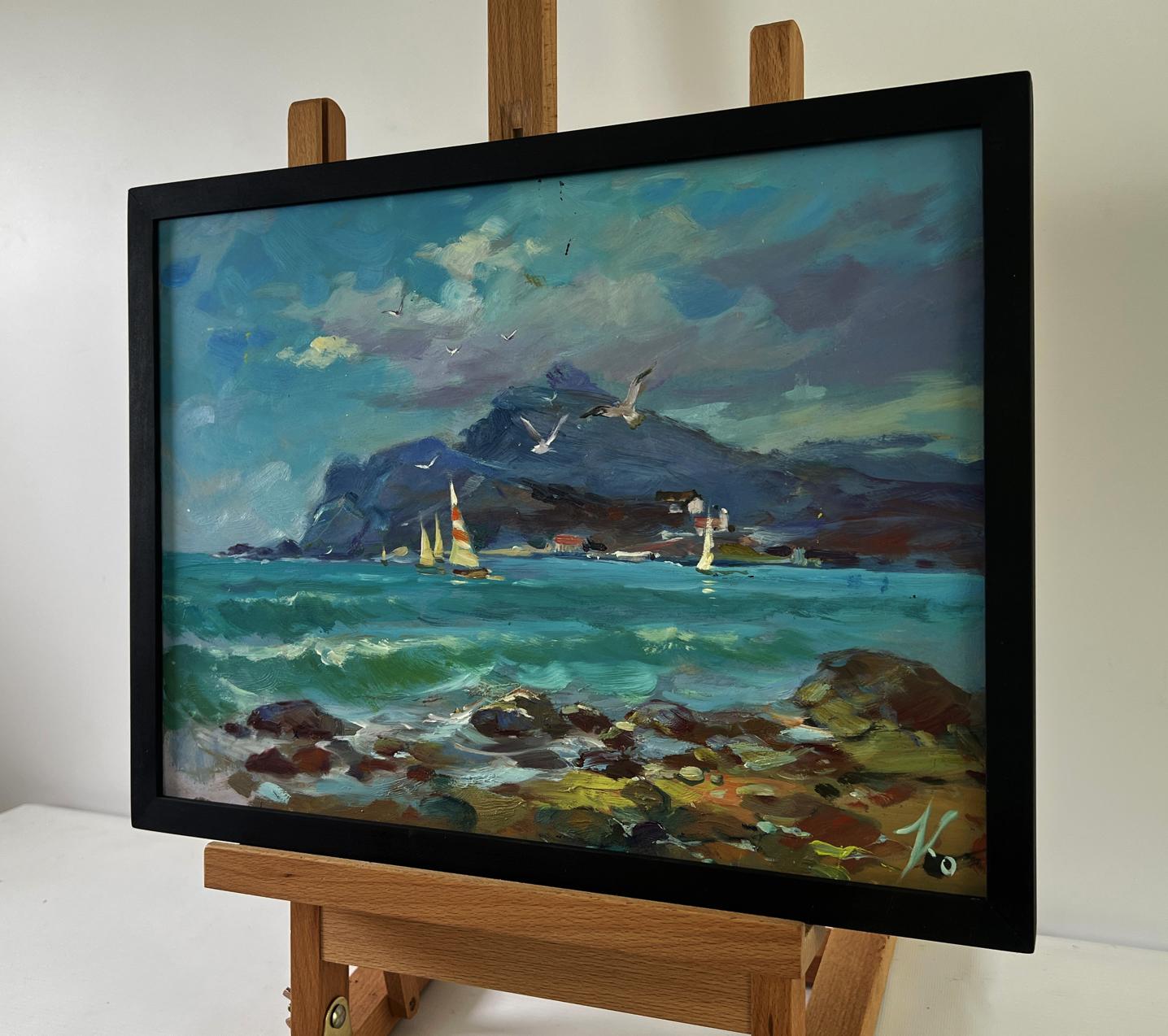 Framed oil painting by Yuriy Suprunchuk: seagulls over coastal waves