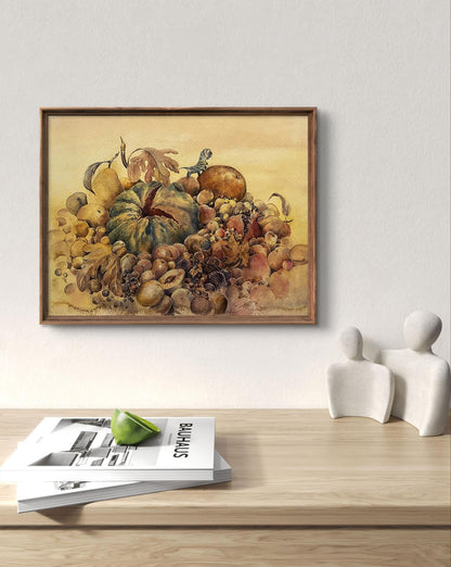 Framed watercolor still life painting with pumpkins, grapes by Dmytro Startsev