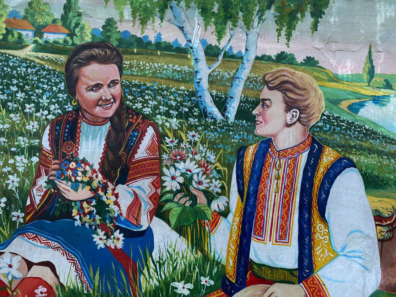 Vibrant oil painting of smiling woman and man picking flowers by river