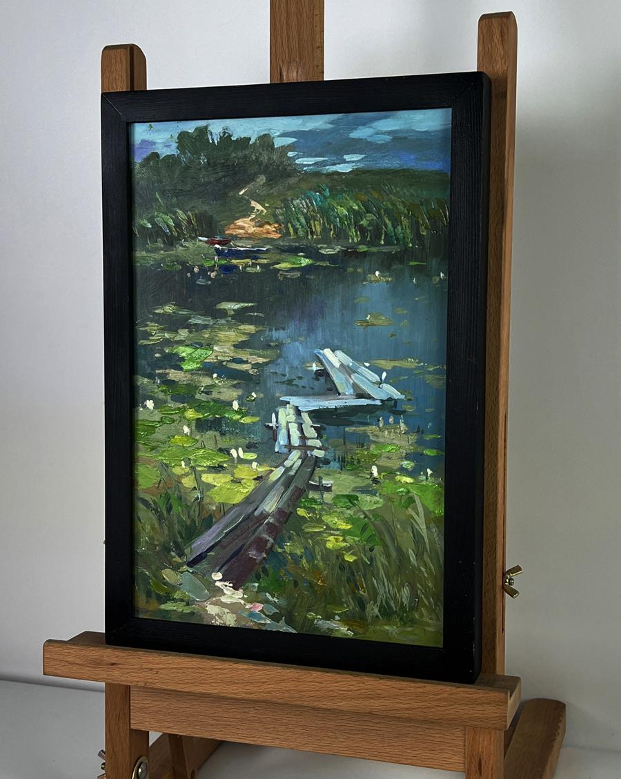 Oil painting Boats on the River Bank by Yuriy Suprunchuk lakeside scene