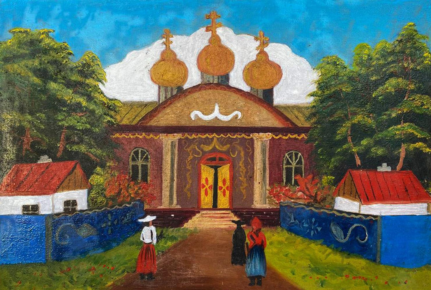 Oil painting of vibrant red orthodox church with golden domes by unknown artist
