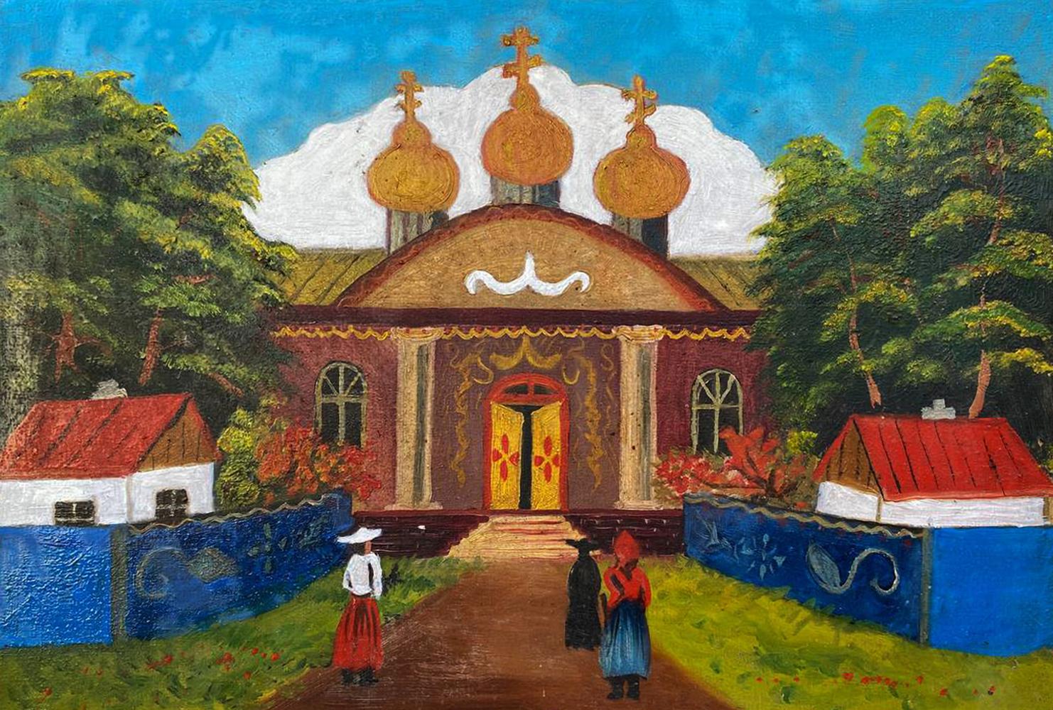 Oil painting of vibrant red orthodox church with golden domes by unknown artist