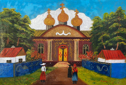 Oil painting of vibrant red orthodox church with golden domes by unknown artist