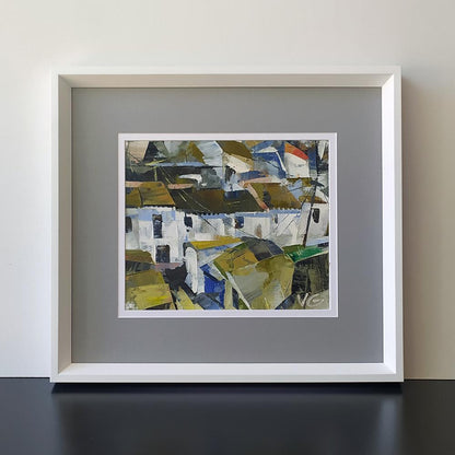 Oil painting Mirror street of the city by Volodymyr Gluhomanyuk in white frame