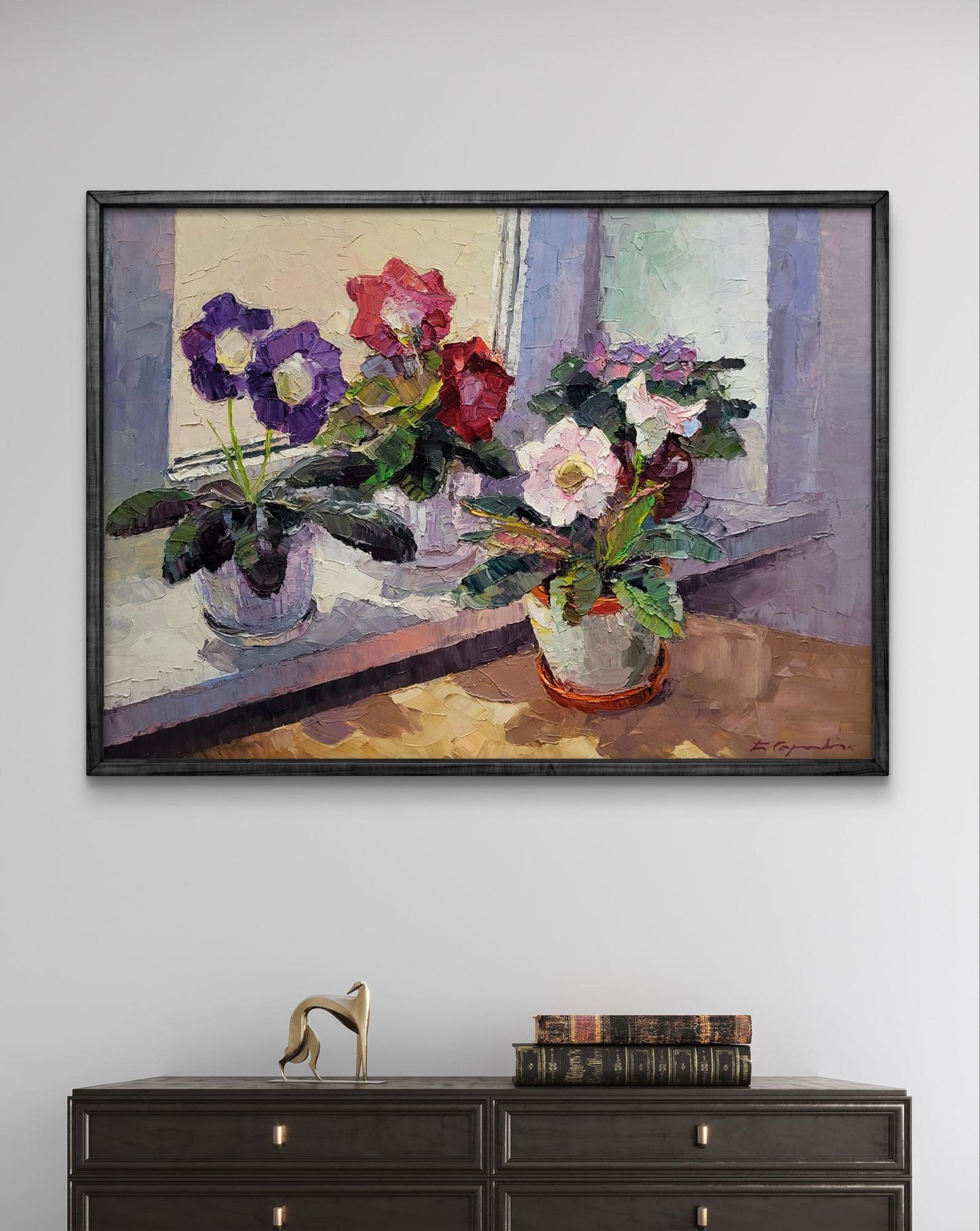 Framed oil painting of vibrant gloxinia flowers in vase by Boris Serdyuk