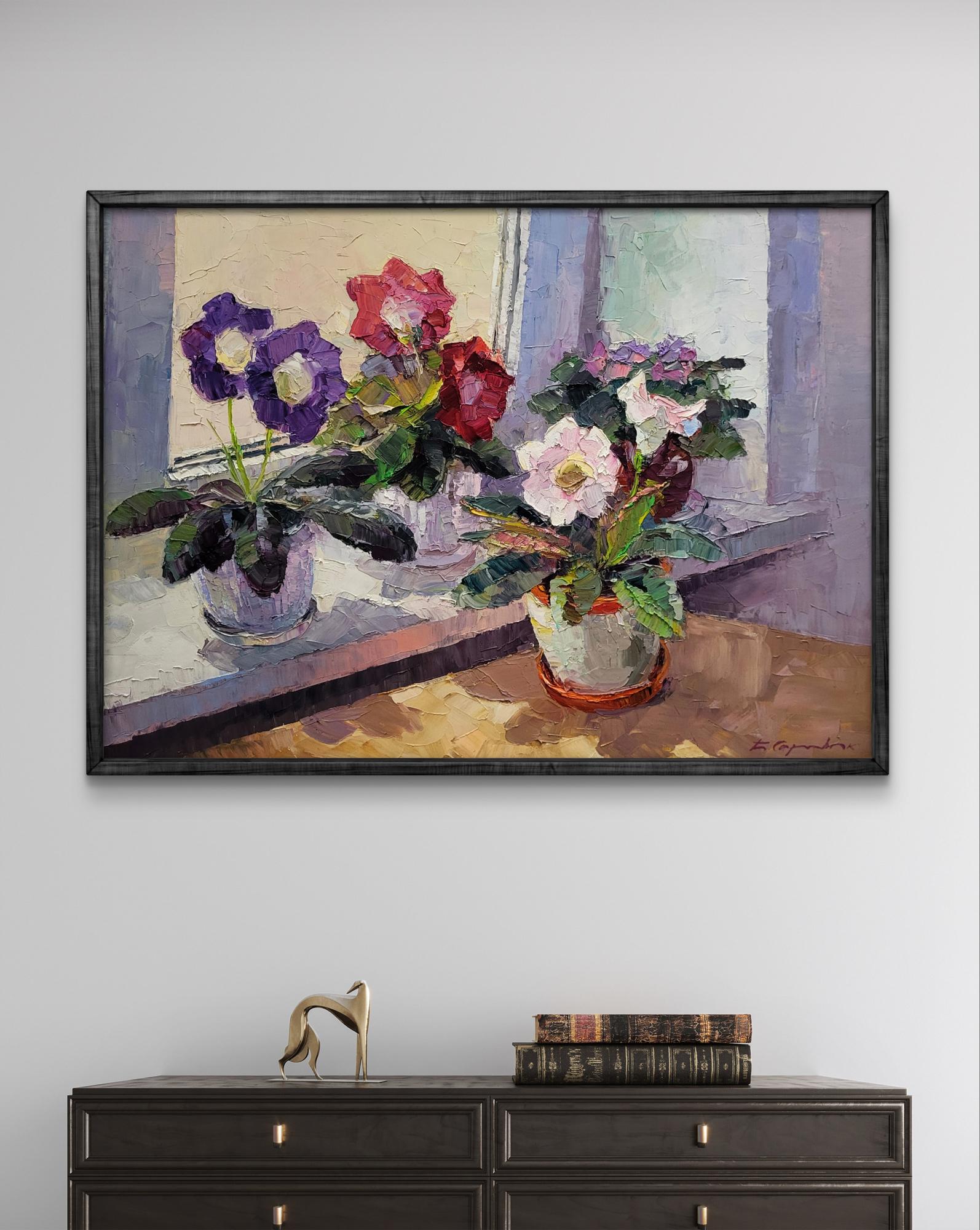 Framed oil painting of vibrant gloxinia flowers in vase by Boris Serdyuk