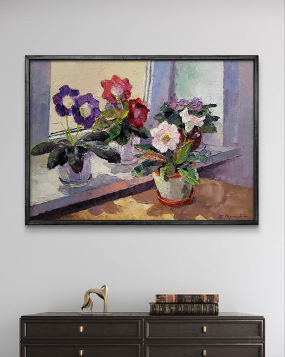 Framed oil painting of vibrant gloxinia flowers in vase by Boris Serdyuk