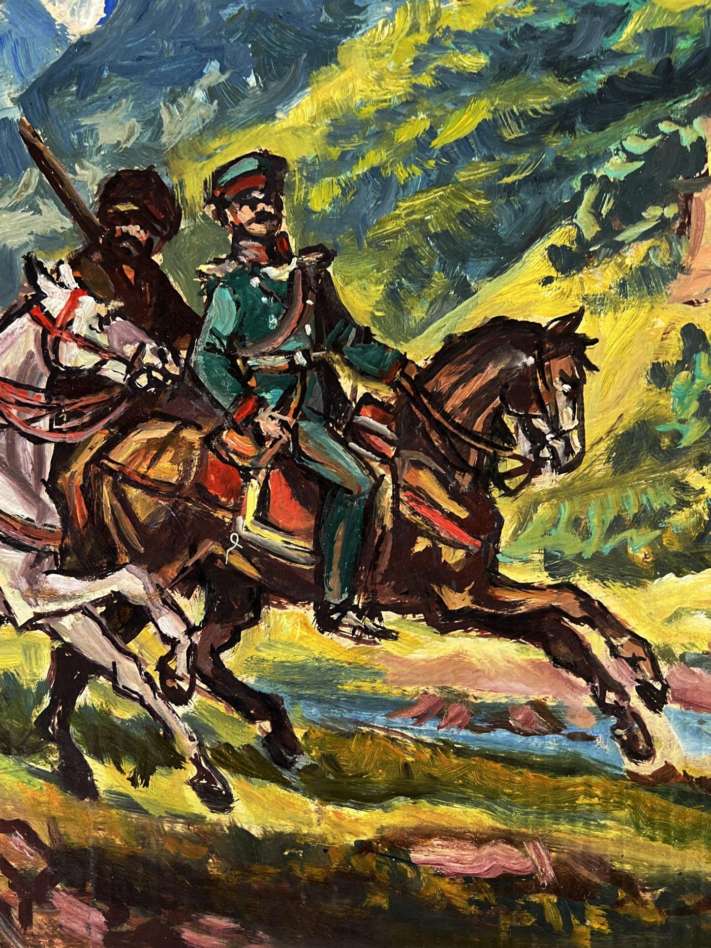 Oil painting Warriors by the River by Alexander Litvinov vibrant soldiers