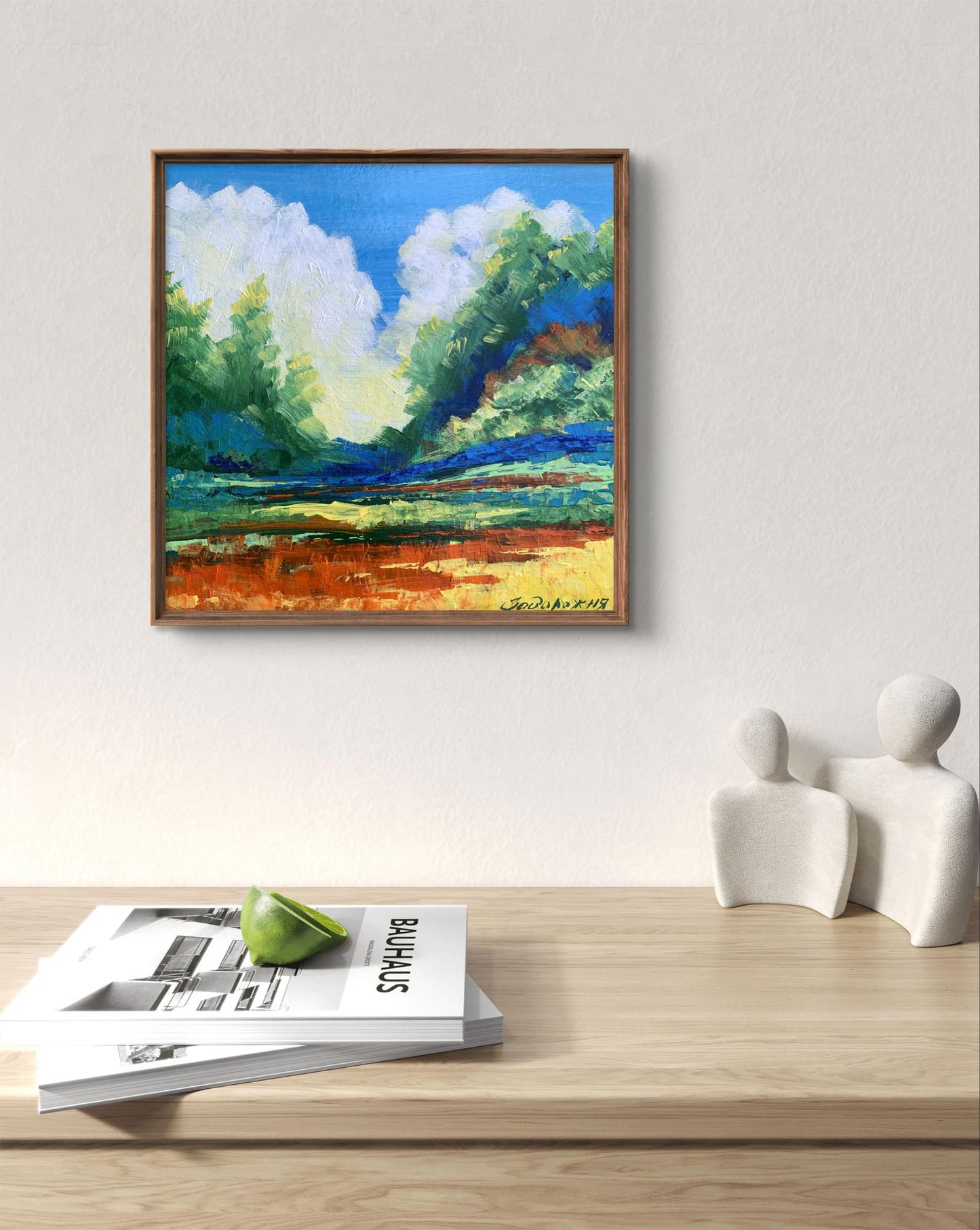 Oil painting Sun behind the clouds by V. Zadorozhnya, vibrant green trees landscape