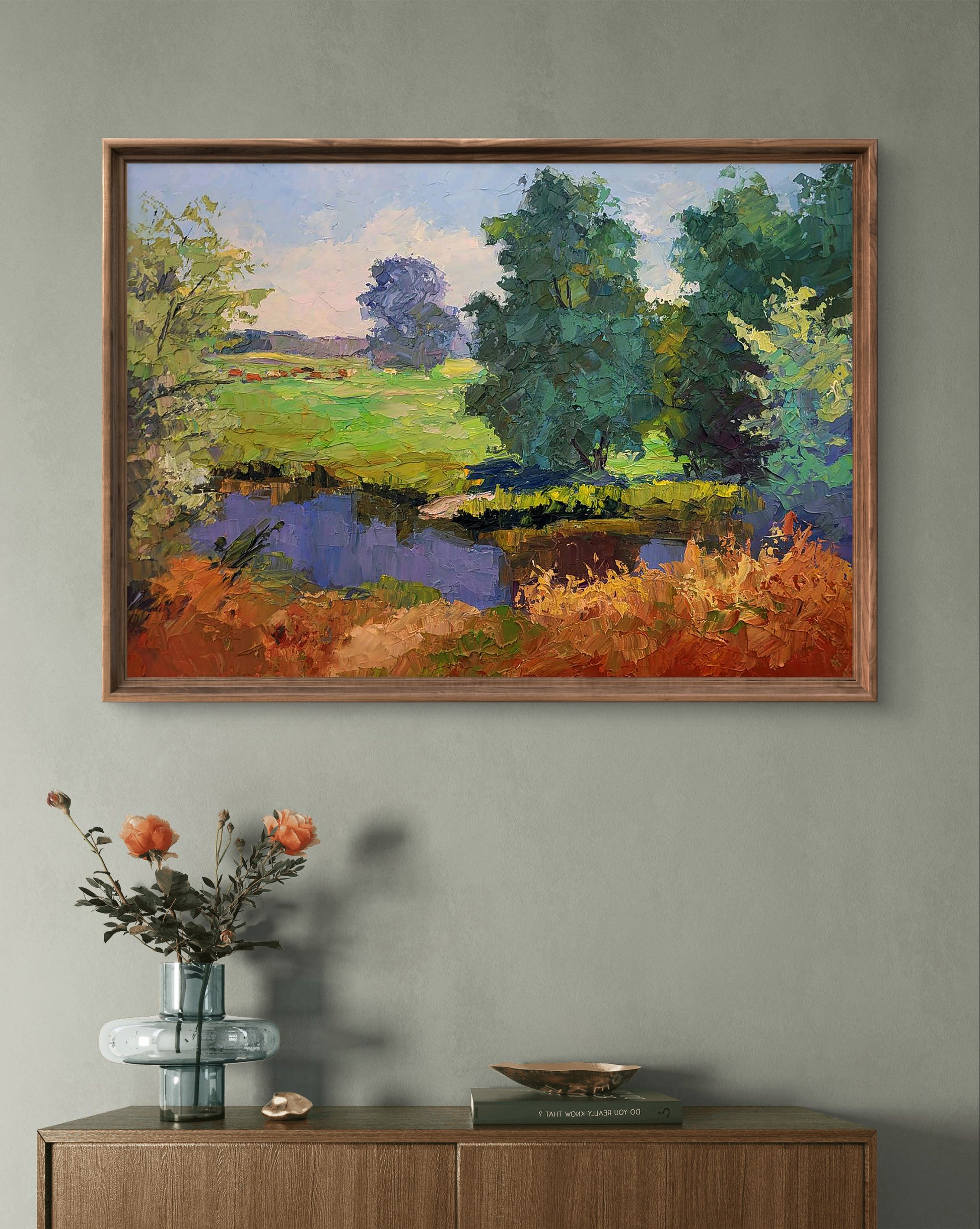 Oil painting Summer day by Serdyuk Boris Petrovich, lush green trees and pond