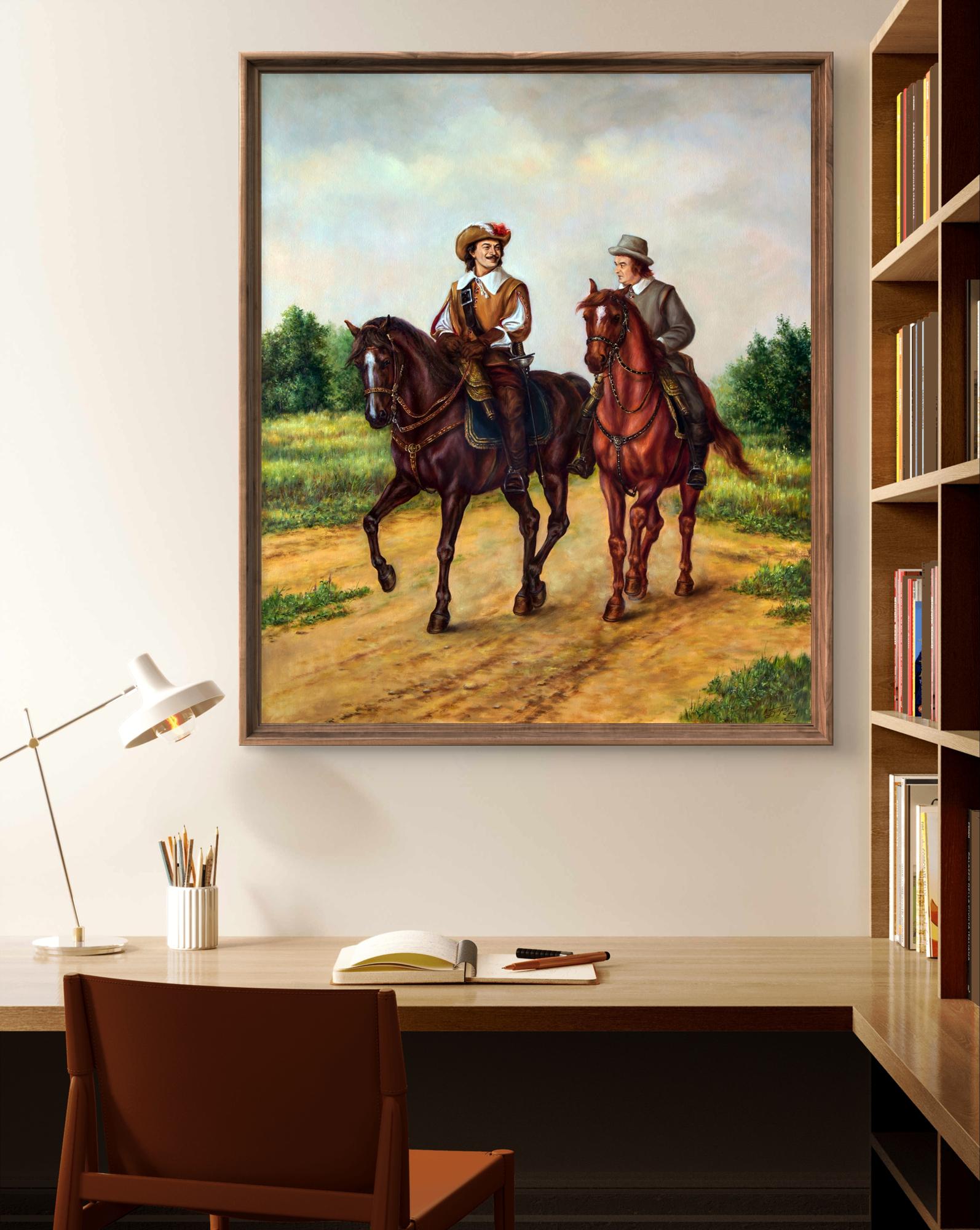 Oil painting Provincial air Valeriy Bulat, two riders on horseback in wooden frame