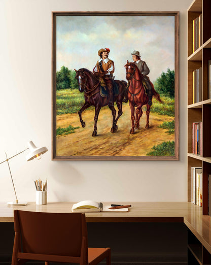 Oil painting Provincial air Valeriy Bulat, two riders on horseback in wooden frame