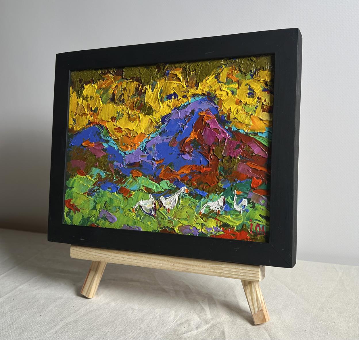 Oil painting Geese on the Hill by Oleksiy Ivanyuk in black frame