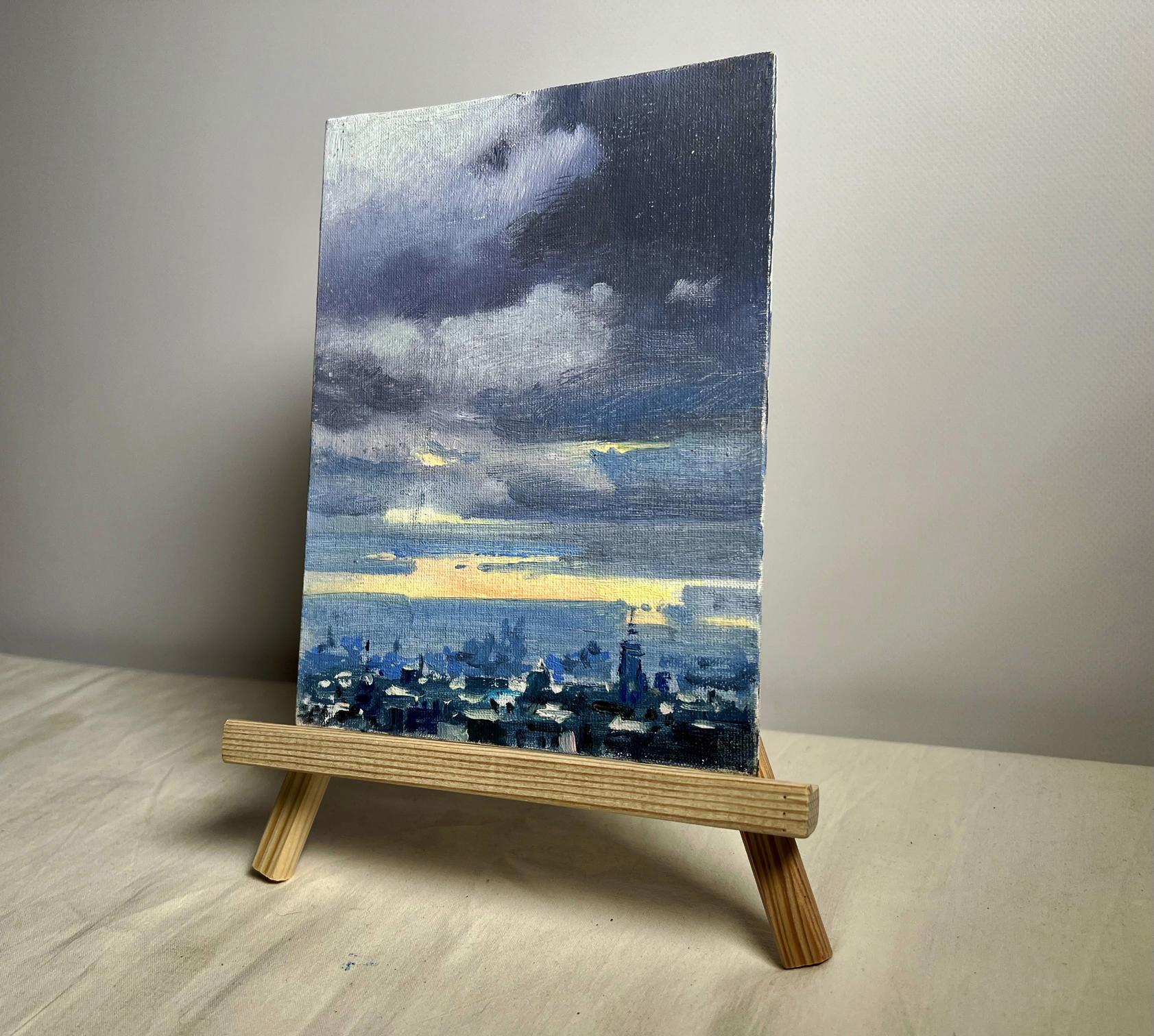 Oil painting Yellow sunset over the city Tatyana Derdey textured cityscape