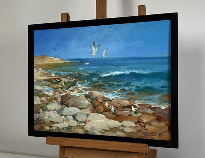 Framed oil painting of seagulls over turquoise waves by Yuriy Suprunchuk