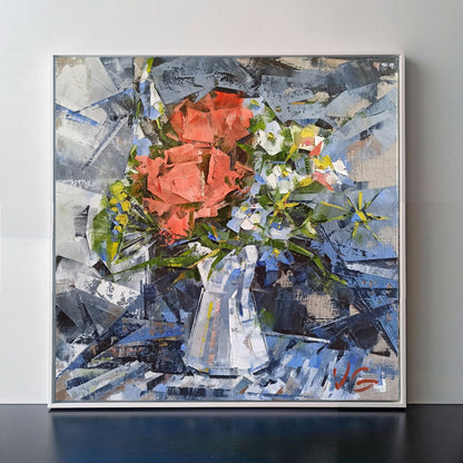 Oil painting Kaleidoscope of Bloom by Volodymyr Gluhomanyuk: vibrant coral and white flowers in textured vase