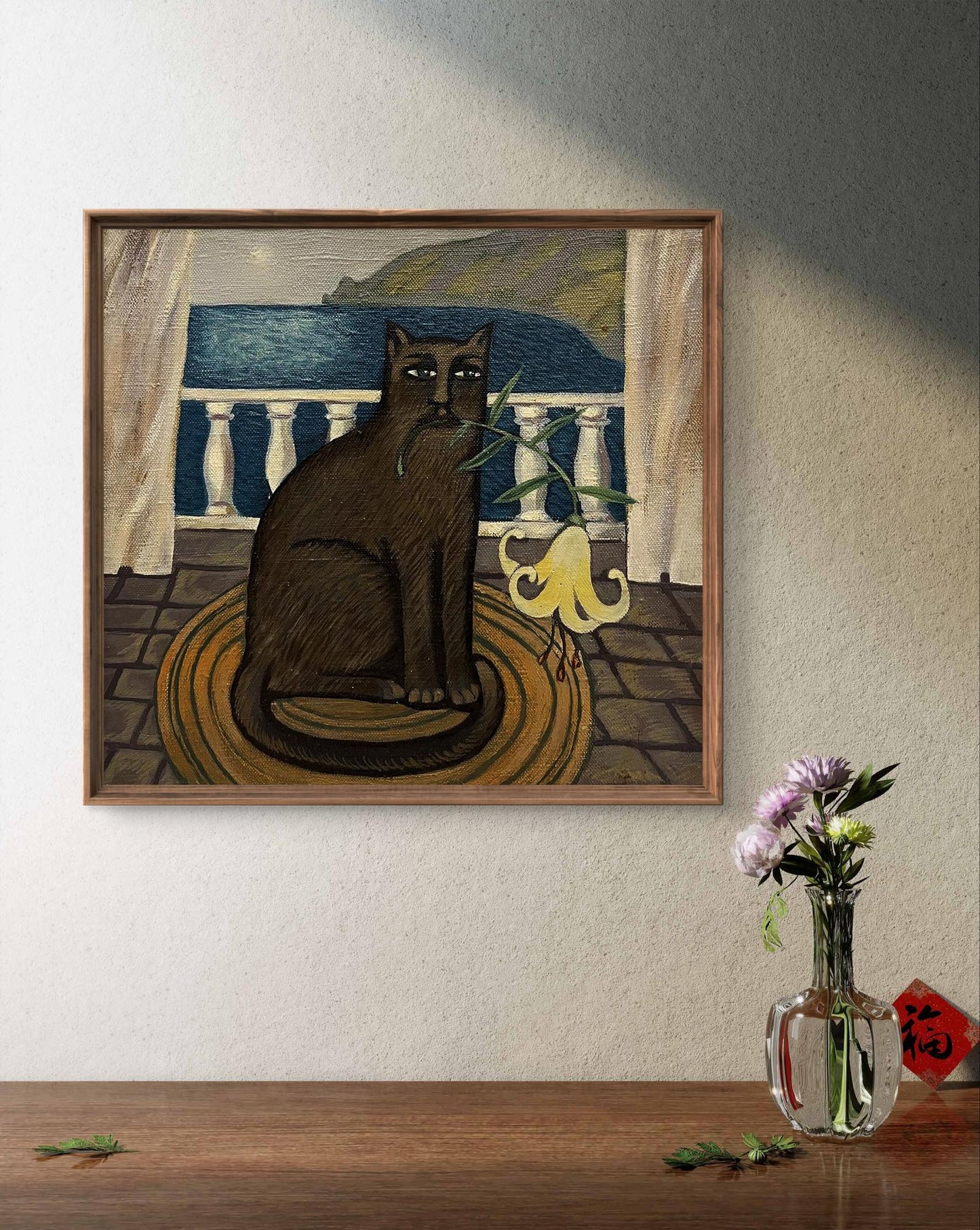 Oil painting Kitty by Yana Pervyakova: brown cat on rug with lily