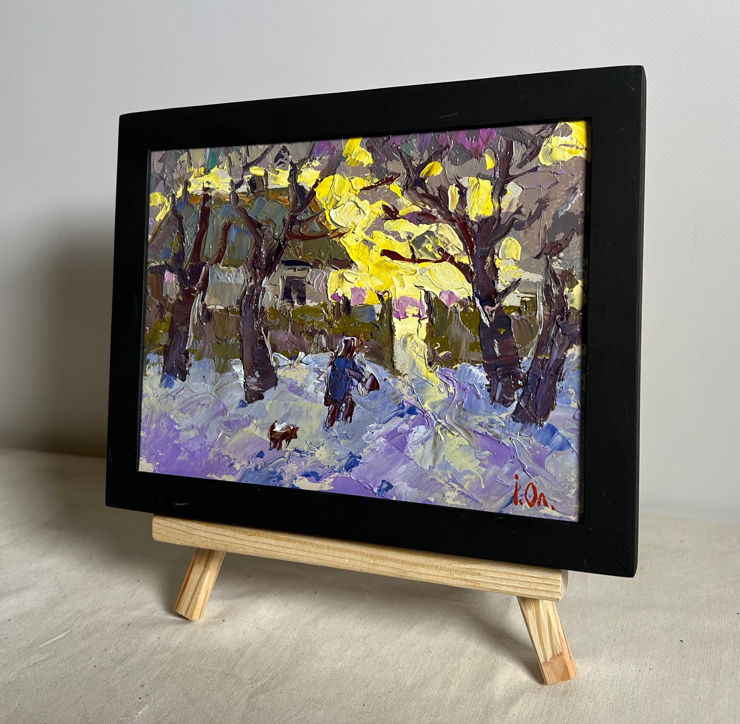 Oil painting Over the Evening by Oleksiy Ivanyuk: snowy landscape with yellow purple trees