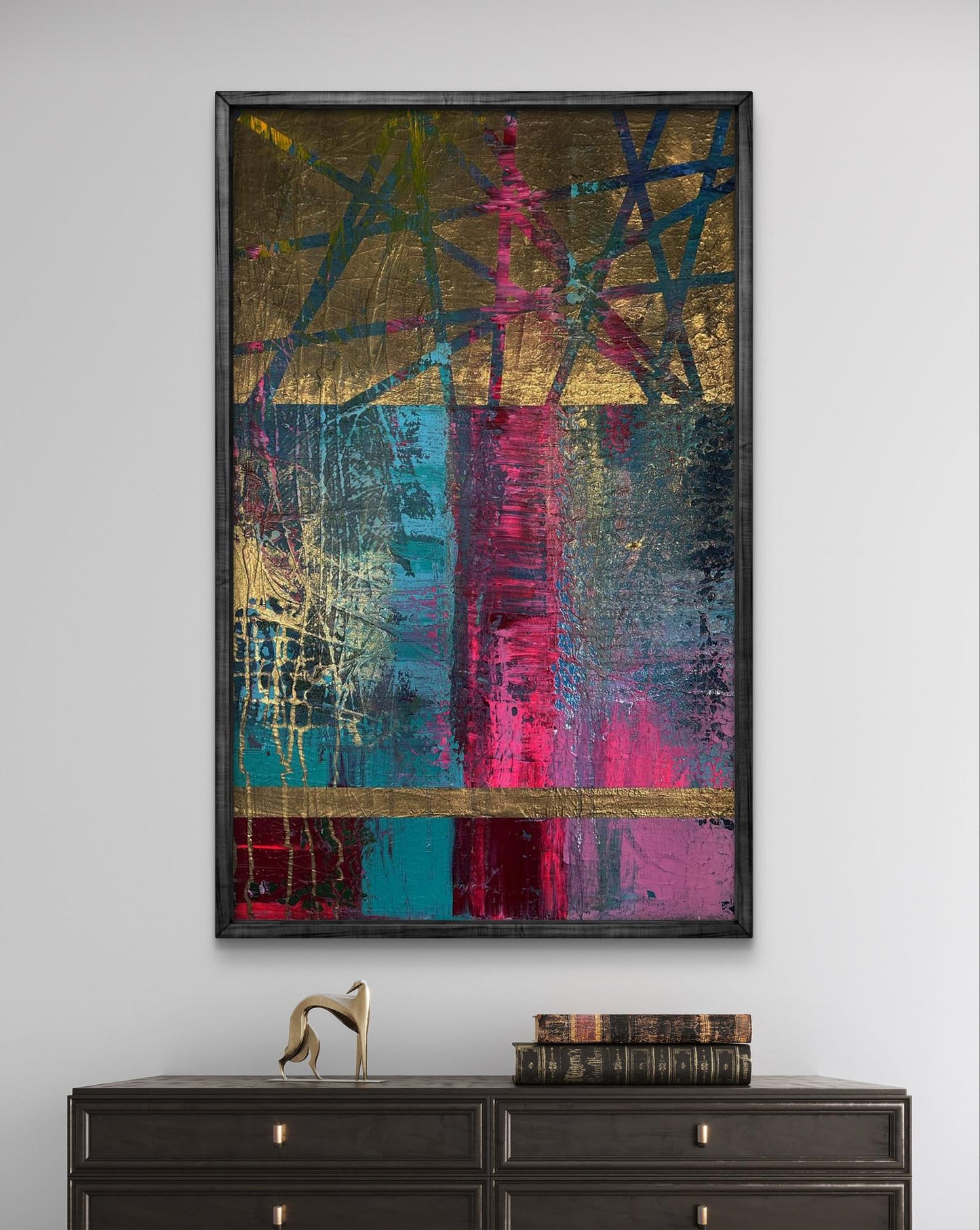 Acrylic painting Intersection of destinies by Olga Melezhik, magenta teal stripes on gold