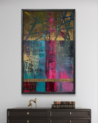 Acrylic painting Intersection of destinies by Olga Melezhik, magenta teal stripes on gold